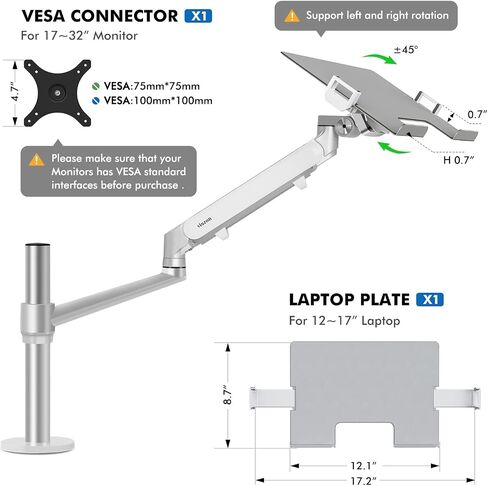 Viozon Monitor/Laptop Mount, Single Gas Spring Arm Desk Stand/Holder for 17-32" Computer Monitor, Extra Laptop Tray Fits 12-17" Laptops/Notebook(1S-Prob) in Saudi Arabia