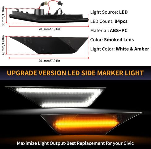 Gempro LED Side Marker Lights for Honda Civic Sport Si 2016-2021 Civic Coupe Sedan Hatchback Front Turn Signals Sequential Amber&White, Smoked Black in Saudi Arabia