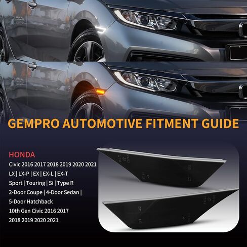 Gempro LED Side Marker Lights for Honda Civic Sport Si 2016-2021 Civic Coupe Sedan Hatchback Front Turn Signals Sequential Amber&White, Smoked Black in Saudi Arabia