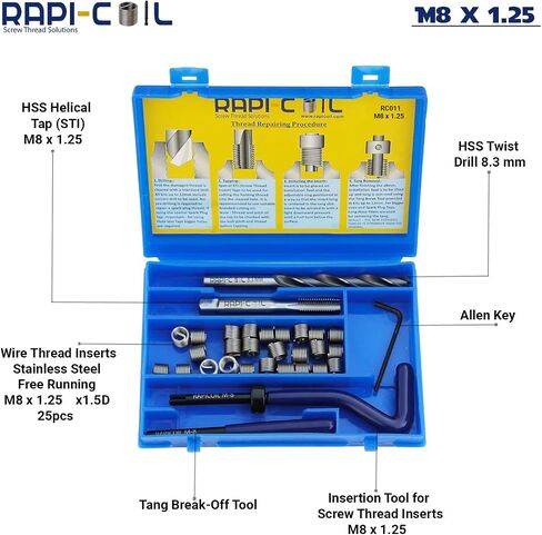 مجموعة أدوات هيليكويل لإصلاح الخيوط RAPI-COIL M8 x 1.25، HSS M2 Tap & Drill، SS 304 سلك إدراج - صنع في الهند in Saudi Arabia