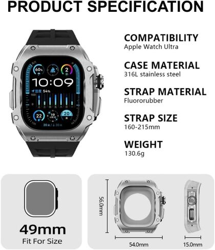 Stainless Steel Case Fluororubber Black Band Mod Kit Compatible with Apple Watch 49 mm, Replacement Case Bezel Back Cover with Stainless Steel Folding Buckle for iWatch Series Ultra/Ultra 2 in Saudi Arabia
