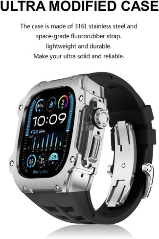 Stainless Steel Case Fluororubber Black Band Mod Kit Compatible with Apple Watch 49 mm, Replacement Case Bezel Back Cover with Stainless Steel Folding Buckle for iWatch Series Ultra/Ultra 2 in Saudi Arabia