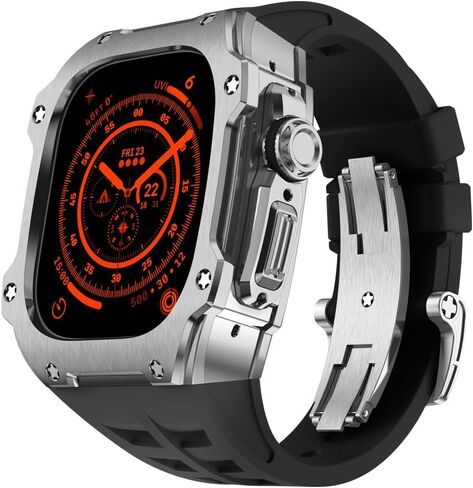هيكل من الفولاذ المقاوم للصدأ مزود بسوار أسود من مطاط الفلورسنت متوافق مع ساعة Apple Watch 49 مم، وغطاء خلفي بإطار بديل مع إبزيم قابل للطي من الفولاذ المقاوم للصدأ لسلسلة iWatch Ultra/Ultra 2 in Saudi Arabia