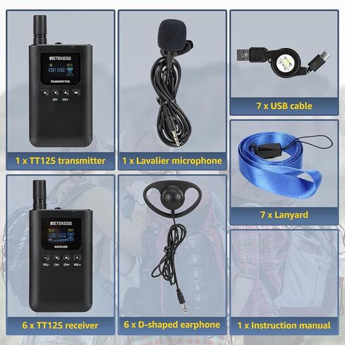 Retekess TT125 Audio Tour Guide, Wireless Guide System, 100 Hours Long Battery Life, Built-in Mic, Listening Device for Tour Guiding (1 Transmitters and 6 Receivers) in Saudi Arabia