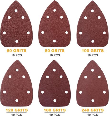 36 PCS Mouse Sander Sandpapers 6 Hole Detail Sander Sanding Disc | Mouse Sander Pads Hook and Loop Triangle Sandpaper (60/80/100/120/180/240) -6 PCS for Each Grit in Saudi Arabia