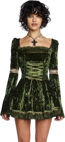 دمى تقتل الأساطير N 'Legends Mini Dress by Mood Mood-Green Velor Dress with Lace-Up Front and Puff Sister in Kuwait