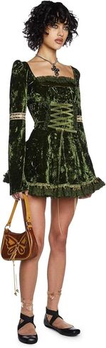 دمى تقتل الأساطير N 'Legends Mini Dress by Mood Mood-Green Velor Dress with Lace-Up Front and Puff Sister in Kuwait