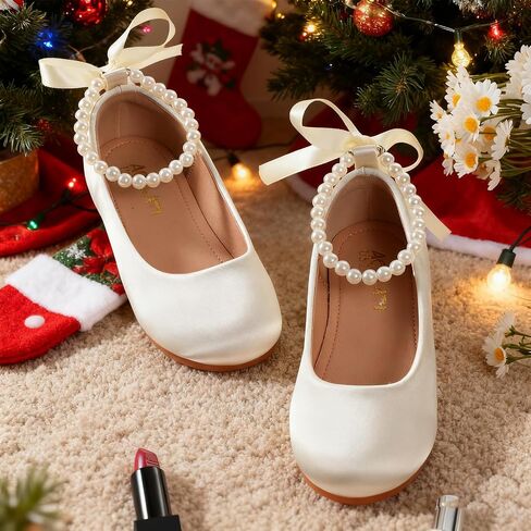 Mejormen Flower Girl Shoes Girls Dress Shoe Toddler Mary Jane Ballet Flats Princess Lace-Up Pearl Ongle Strap Bress Shoes for Wedding Party School in Kuwait
