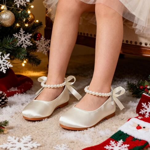 Mejormen Flower Girl Shoes Girls Dress Shoe Toddler Mary Jane Ballet Flats Princess Lace-Up Pearl Ongle Strap Bress Shoes for Wedding Party School in Kuwait