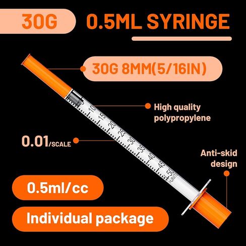 محاقن مختبر U-100 1ML/CC مع الإبرة 30G 5/16 "(8 مم) ملفوفة بشكل فردي ، حزمة 100 in Kuwait