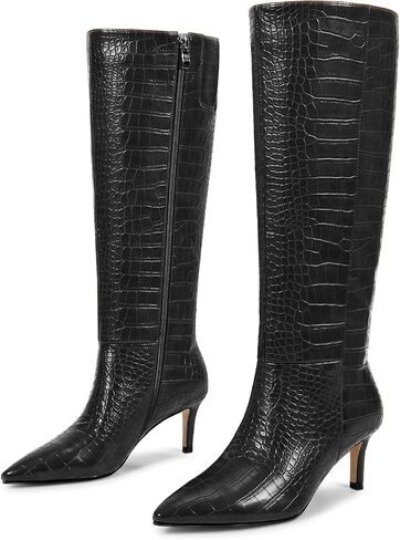 wetkiss Knee High Boots - Pointed Toe & Kitten Heel & Side Full Zipper | Suede & PU Leather, All-Day Comfort Crocodile, Party and Daily Chic Style, Fashion in Saudi Arabia