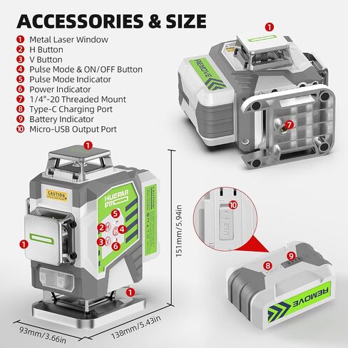 مستوى الليزر ، التسوية الذاتية Huepar Pro 4 × 360 ° Green Cross Level Tevel ، ليزر عالية الدقة 4D للبناء ، بطارية LI-ION القابلة لإعادة الشحن 8000mAh in Kuwait