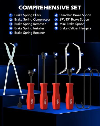 Orion Motor Tech 10-Piece Drum Brake Tool Set, Drum Brake Adjustment Tool Kit with Brake Spring Adjusting Spoons Brake Spring Pliers Compressor Remover, Heavy-Duty Drum Brake Spring Tools with Case in Kuwait