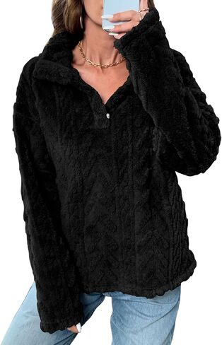 BLENCOT Womens Casual Button Collar Warm Sherpa Pullover Cable Fleece Sweatshirt Long Sleeve Tops Coat with Pockets in Saudi Arabia