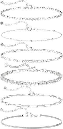 DEARMAY Dainty Silver Bracelets for Women Trendy, 925 Sterling Silver Jewelry Set for Women Bracelets for Women Paperclip Box Herringbone Figaro Rope Chain Bracelet Fashion Pack Gifts for Women Girls in Kuwait