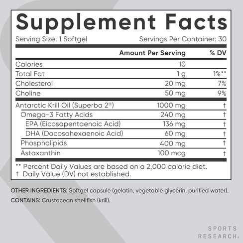 Sports Research® Omega-3 Krill Oil 1000mg - Pure Antarctic Superba Krill with Phospholipids, Choline & Astaxanthin - MSC Certified Sustainable · Non-GMO · Gluten Free - 60 Softgels in Saudi Arabia