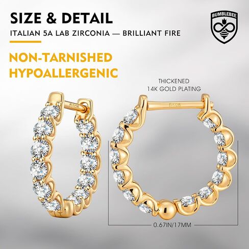 أقراط Bumblebee Hoop للنساء والرجال ، الذهب 14k مطلي بـ 5A Zirconia Zirconia-Hypoallergenic Silver Silver Post مقاوم ، خفيفة الوزن ، هدية لعيد الميلاد ، عيد الميلاد in Kuwait