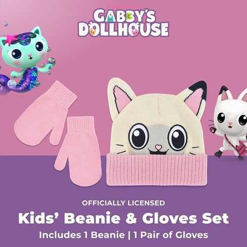 مجموعة قبعة وقفازات للأطفال من Gabby's Dollhouse، قبعة شتوية متماسكة بأساور Pandy Paws مع قفازات متطابقة وأذنين ثلاثية الأبعاد، متعددة الألوان in Saudi Arabia