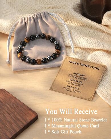 HGDEER Triple Protection Bracelet for Men & Teens - Bring Protection Luck And Prosperity - 100% Natural Obsidian, Hematite & Tiger Eye Beaded Bracelet - with Quote Card in Saudi Arabia