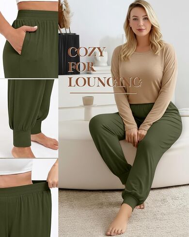 3 Pack Women's Plus Size Yoga Joggers, Comfy High Waisted Lounge Pants Loose Casual Sweatpants Pajama with Pockets in Saudi Arabia
