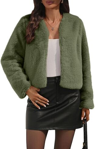 Women's Faux Fur Cropped Jacket Winter Crew Neck Long Sleeve Shrugs for Dresses Fluffy Coats with Pocket in Kuwait
