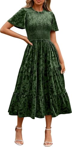 Simplee Velvet Dress for Women Semi Formal Short Sleeve Floral Smocked Empire Waist Fall Winter Wedding Guest Dresses in Saudi Arabia