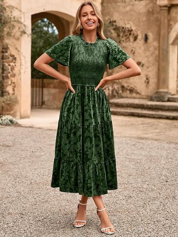Simplee Velvet Dress for Women Semi Formal Short Sleeve Floral Smocked Empire Waist Fall Winter Wedding Guest Dresses in Saudi Arabia