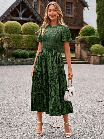 Simplee Velvet Dress for Women Semi Formal Short Sleeve Floral Smocked Empire Waist Fall Winter Wedding Guest Dresses in Saudi Arabia