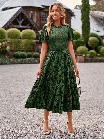 Simplee Velvet Dress for Women Semi Formal Short Sleeve Floral Smocked Empire Waist Fall Winter Wedding Guest Dresses in Saudi Arabia