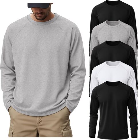 Riyiper 5 Pack Mens Big and Tall Shirts Cotton Long Raglan Sleeve Top Casual Basic Shirt Crewneck Oversized Multipack Tee in Saudi Arabia