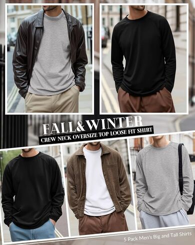 Riyiper 5 Pack Mens Big and Tall Shirts Cotton Long Raglan Sleeve Top Casual Basic Shirt Crewneck Oversized Multipack Tee in Saudi Arabia