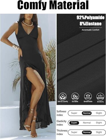 Women's Sexy V Neck Mesh Ruffles Hem High Slit Bodycon Maxi Dress for Women Formal Cocktail Wedding Guest Dresses in Kuwait