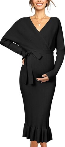 OUGES 2025 Maternity Sweater Dress for Photoshoot Baby Shower Wedding Guest Outfits Fishtail Dress Ribbed Knit Clothes in Saudi Arabia