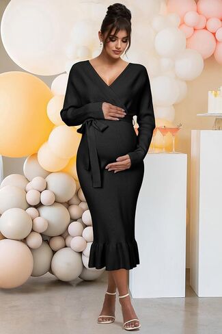 OUGES 2025 Maternity Sweater Dress for Photoshoot Baby Shower Wedding Guest Outfits Fishtail Dress Ribbed Knit Clothes in Saudi Arabia