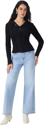 CIDER Womens Ribbed Knit Hoodie Long Sleeve Button Down Stylish Going Out Crop Top in Saudi Arabia