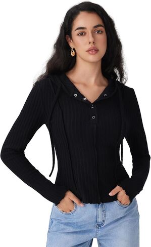 CIDER Womens Ribbed Knit Hoodie Long Sleeve Button Down Stylish Going Out Crop Top in Saudi Arabia