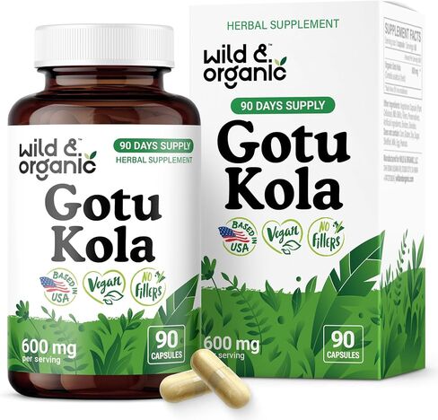 Wild & Organic Gotu Kola Capsules 600 mg - Brain & Focus Support - Gotu Kola Powder Supplement - Centella Asiatica Extract - 60 Days of Supply - Vegan, No Fillers, Non-GMO - 60 Count in Saudi Arabia