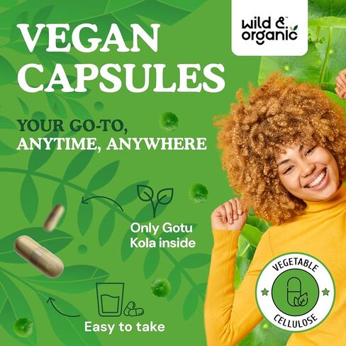 Wild & Organic Gotu Kola Capsules 600 mg - Brain & Focus Support - Gotu Kola Powder Supplement - Centella Asiatica Extract - 60 Days of Supply - Vegan, No Fillers, Non-GMO - 60 Count in Saudi Arabia