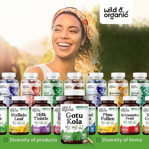 Wild & Organic Gotu Kola Capsules 600 mg - Brain & Focus Support - Gotu Kola Powder Supplement - Centella Asiatica Extract - 60 Days of Supply - Vegan, No Fillers, Non-GMO - 60 Count in Saudi Arabia