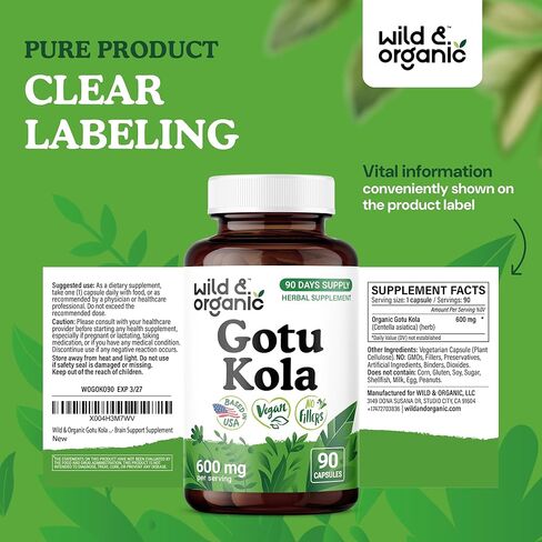 Wild & Organic Gotu Kola Capsules 600 mg - Brain & Focus Support - Gotu Kola Powder Supplement - Centella Asiatica Extract - 60 Days of Supply - Vegan, No Fillers, Non-GMO - 60 Count in Saudi Arabia