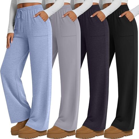 4 Pack Women's Lounge Pants Wide Leg Yoga Pants Drawstring Casual Elastic Sweatpants with Pockets Loose Casual in Kuwait