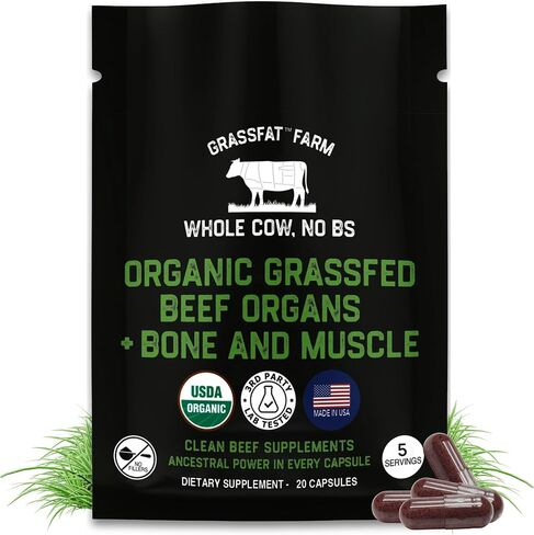 Grassfat USDA معتمد العضوية 100 ٪ من الأبقار العشبية الأبقار الأبقار المكمل + العظام البقرة والعضلات والتحمل - بقرة كاملة ، لا BS مع أي شيء إضافي - مصنوعة في الولايات المتحدة - مزيج قسط - 30 حصص in Saudi Arabia