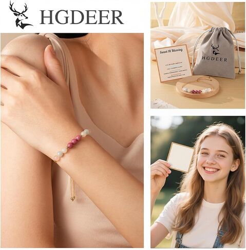 Hgdeer Crystal عيد ميلاد هدايا للفتيات - سوار كريستال طبيعي مع روز الكوارتز أكوامارين مونستون رودونيت - مجوهرات الأحجار الكريمة 6 مم قابلة للتعديل مع بطاقة البركة in Kuwait