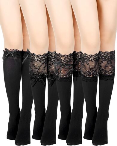 4 Pairs Womens Lace Knee High Socks Calf Socks with Bow Knot Lace Trim Long Boot Stockings Lolita Silky Stockings in Saudi Arabia