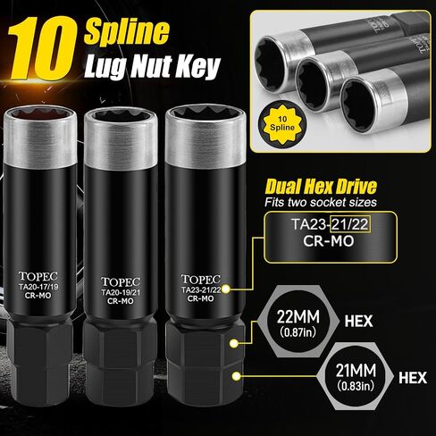 TOPEC 8PCS SPLIEN LUG NUT SOCKET | 5 ، 6 ، 7 ، 12 SPLINE LUG LUG NUT KEY ، مجموعة إزالة قفل العجلة العالمية ، مفتاح قفل العجلة للسيارة ، CR-MO Steel (ليس من أجل HEX ، عميق ، كبير الحجم ، و 10 خلاصة) in Kuwait