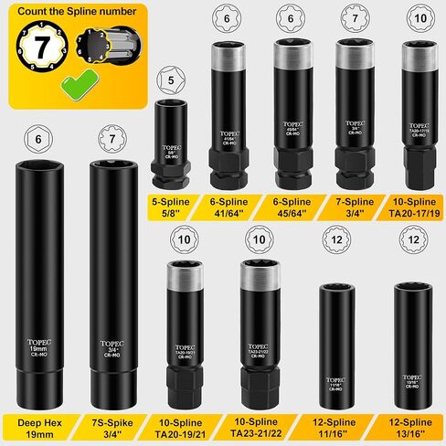 TOPEC 8PCS SPLIEN LUG NUT SOCKET | 5 ، 6 ، 7 ، 12 SPLINE LUG LUG NUT KEY ، مجموعة إزالة قفل العجلة العالمية ، مفتاح قفل العجلة للسيارة ، CR-MO Steel (ليس من أجل HEX ، عميق ، كبير الحجم ، و 10 خلاصة) in Kuwait