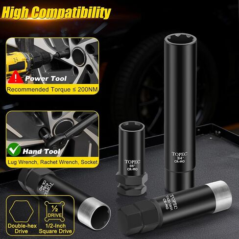 TOPEC 8PCS SPLIEN LUG NUT SOCKET | 5 ، 6 ، 7 ، 12 SPLINE LUG LUG NUT KEY ، مجموعة إزالة قفل العجلة العالمية ، مفتاح قفل العجلة للسيارة ، CR-MO Steel (ليس من أجل HEX ، عميق ، كبير الحجم ، و 10 خلاصة) in Kuwait
