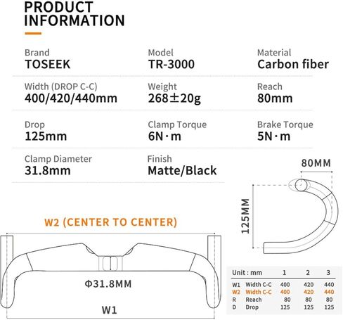 Carbon Bike Handlebar, Road Bicycle Handle, Aero Handlebar Drop Bar, Reach 79.4mm Drop 123.5mm, lightweight Aerodynamic road handlebar Integrator Ergonomic in Kuwait