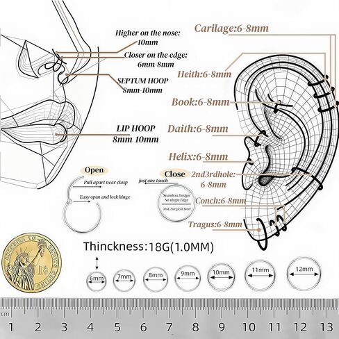 14pcs 6/7/8/9/10/11/11/12mm حلقات أنف من الصلب الجراحي ، مجموعة طوق ، أطواق صغيرة من الجسدية ، مجموعة مجوهرات جسمها الغضروف in Kuwait