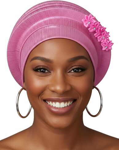 Woeoe Women Auto Gele Headwraps Gold Flower African Turban Pre Tied Beanie Caps Headwear in Saudi Arabia